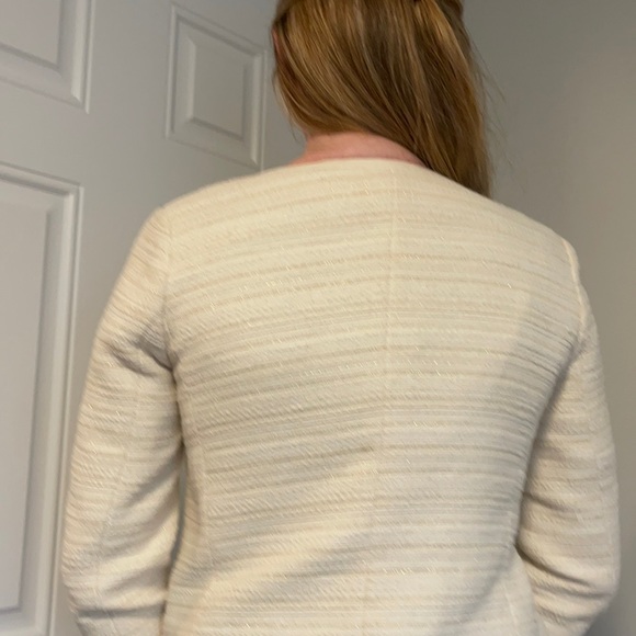 Banana Republic White Tweed Collarless Leather Trim Blazer Size 8 GUC - Picture 2 of 6